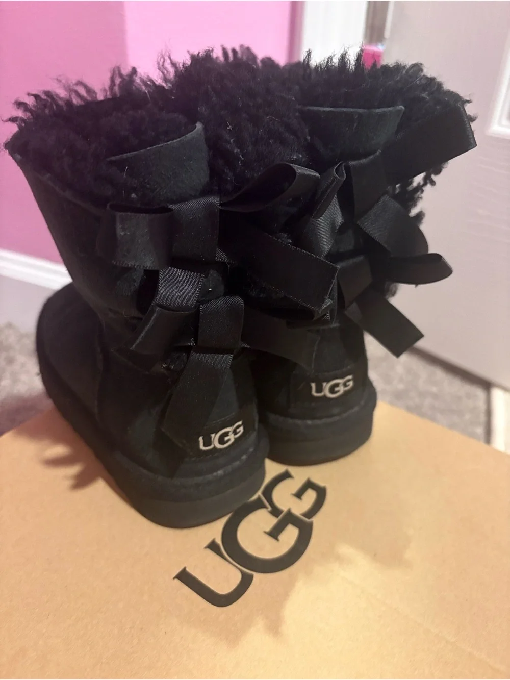 UGG Kids Black Bow Back Shearling Boots